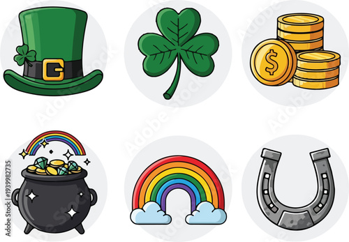 A collection of six cartoon-style icons representing St. Patrick's Day symbols and good luck charms, including a leprechaun hat, shamrock, gold coins, pot of gold, rainbow, and horseshoe.