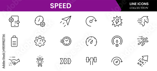 Speed and performance icon set. Containing fast, productivity, indicator, turbo, speeding and speedometer icons. Thin line icon collection. Vector illustration.