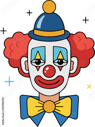 Cartoon illustration of a sad clown's head with red hair, blue hat, and yellow bow tie.