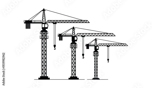 Three construction cranes of varying heights standing in a row