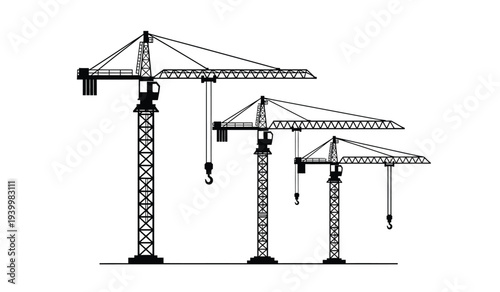 Three construction cranes of varying heights with hooks and jibs