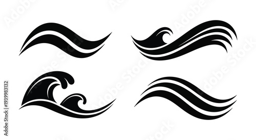 Four stylized black wave designs create a dynamic pattern presented as a striking silhouette high quality