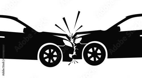 A dramatic depiction of a head on car collision rendered in stark black and white silhouette