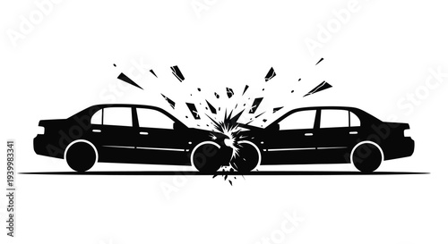 Two cars collide head on in a dramatic impact depicted as a striking black silhouette high quality