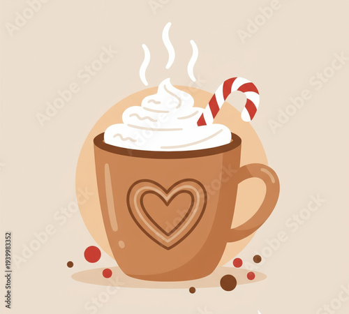 A festive illustration of a brown mug filled with whipped cream and a candy cane on a beige background from a front viewpoint