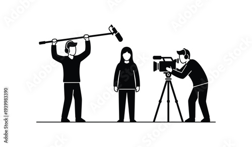 Film crew recording a woman standing still for a video production