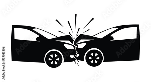 A dramatic depiction of a head on car crash showcasing shattered glass and impact silhouette