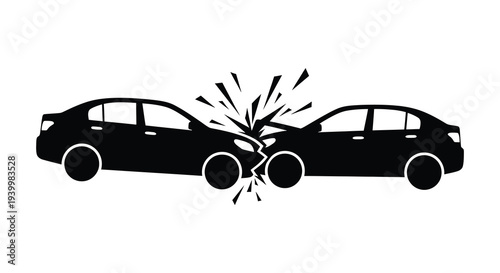 A dramatic depiction of a head on car collision showing shattered glass in silhouette high quality professional