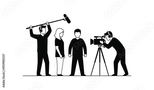 Film crew with cameraman and boom operator working together on a movie production set