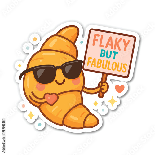 Cartoon Croissant Character Holding "Flaky But Fabulous" Sign with Sunglasses and Heart