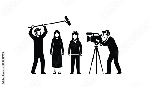 Film crew with camera and clapperboard on set