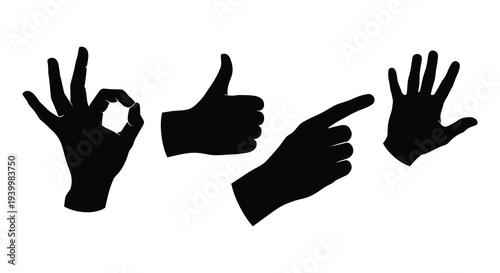 Four black hand gestures showing ok thumbs up pointing and open palm silhouette high quality professional
