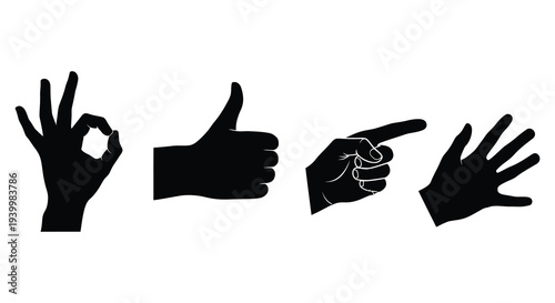 Four black hand gestures displaying common signals including ok thumbs up pointing and open hand silhouette