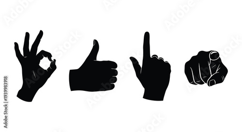 Four distinct hand gestures are displayed in a stark black silhouette high quality professional detailed modern