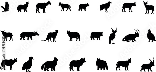 Collection of various animal silhouettes in different poses and species