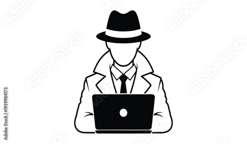 Man wearing hat and tie working on laptop computer