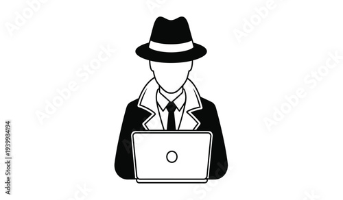 Man in suit and hat working on laptop computer