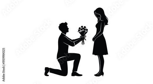 A romantic proposal scene depicting a man kneeling before a woman offering flowers silhouette