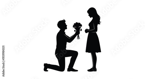 A romantic proposal scene featuring a kneeling man offering flowers to a woman silhouette high quality