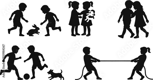children playing silhouettes kids running soccer tug of war friendship with pets isolated vector illustration set