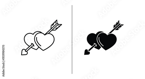 Heart pierced by arrow, outline and filled illustration