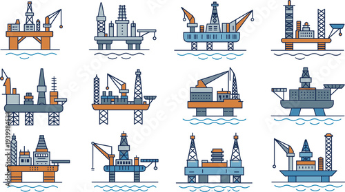 Offshore oil rigs illustration, marine drilling platform artwork, industrial energy vector, ocean engineering design, petroleum extraction graphic icon