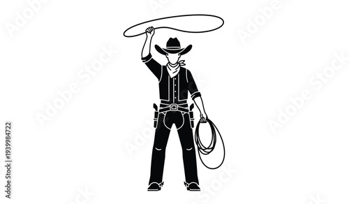 Black and white illustration of a cowboy holding a lasso rope