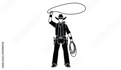 Cowboy in black attire swinging a lasso rope