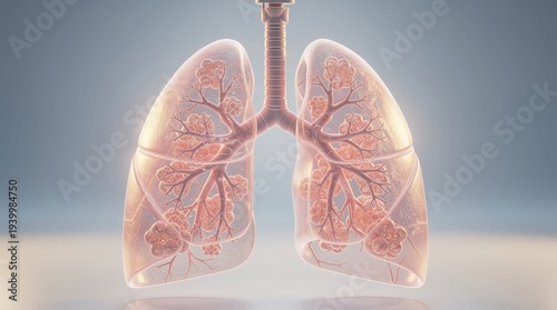 Transparent 3D human lungs showing bronchial tree and alveoli structure in a medical illustration style.
