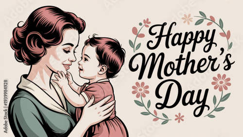 Tender mother and child illustration happy mother's day greeting with floral wreath soft colors and loving embrace perfect for mother's day celebration