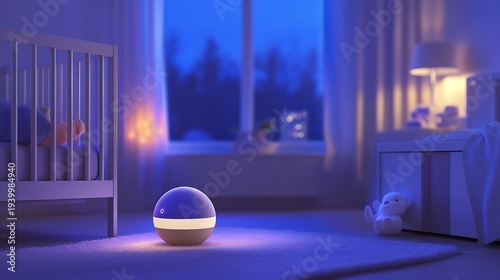 Calming spherical night light softly illuminates a dimly lit nursery room with a sleeping baby nearby creating a tranquil atmosphere for rest