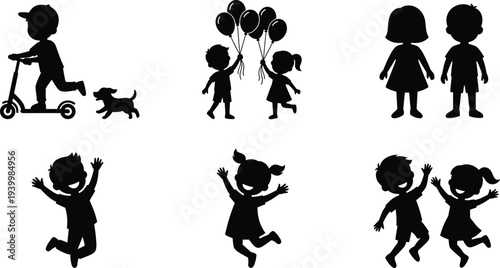 kids silhouettes playing jumping with balloons scooter and dog happy children isolated vector illustration set