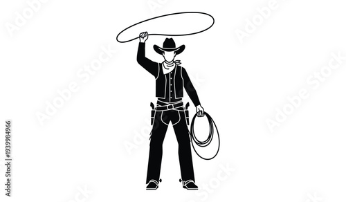 Cowboy spinning a lasso rope in a classic western pose
