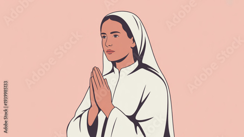 Woman in white praying with hands clasped in front of her face on a pink background serene and peaceful expression devout and spiritual atmosphere