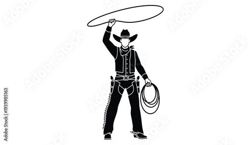 Cowboy spinning lasso rope in black and white illustration