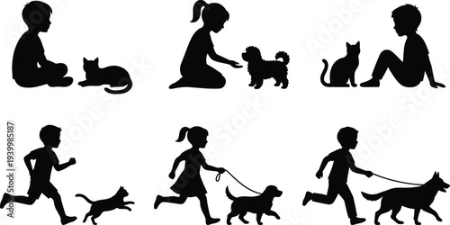 kids with pets silhouettes children playing running walking dog and cat isolated vector illustration set