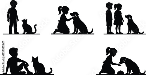 kids with pets silhouettes children playing caring cat and dog friendship isolated vector illustration set