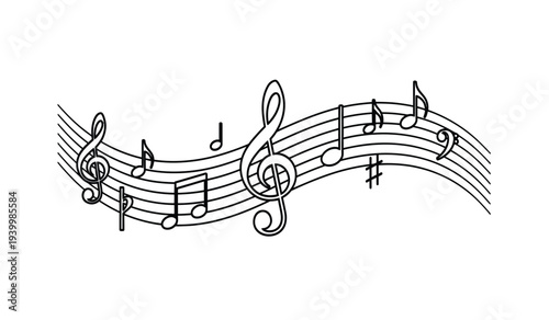 Black and white illustration of musical notes on staff lines