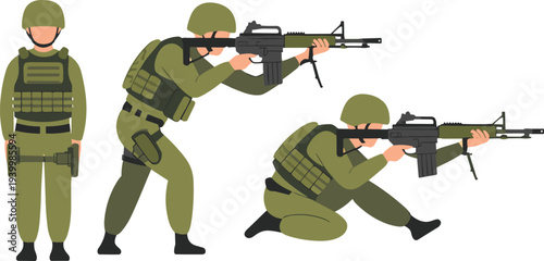 Soldier illustration, military combat posture artwork, tactical stance vector, armed forces design, rifle scope graphic, defense readiness icon drawing