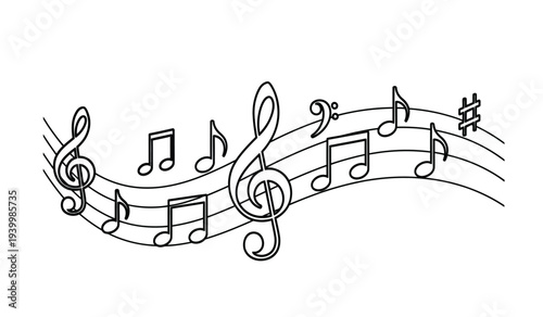 Black and white illustration of musical notes and treble clefs on staff lines