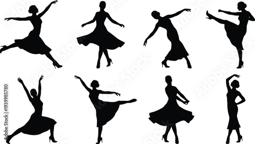 female dancer silhouettes ballet dance poses elegant woman dancing movement performance art isolated vector illustration set