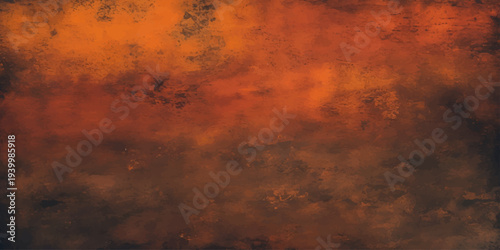 A beautiful abstract texture of old rusty metal reflects the fiery orange and red colors of a sunset sky with clouds at dusk