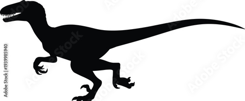 Velociraptor silhouette, prehistoric dinosaur vector, Jurassic predator artwork, ancient reptile design, fossil creature icon, paleontology illustration, dynamic raptor graphic
