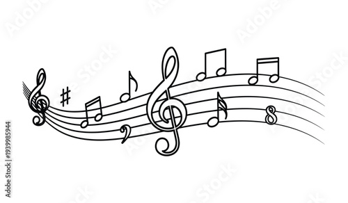Black and white illustration of musical notes on a staff with treble clef