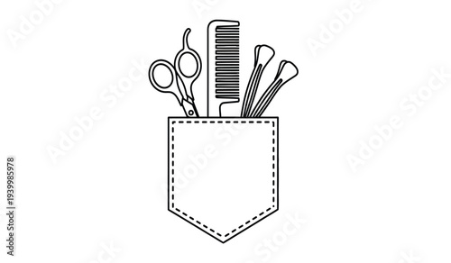 Simple black line drawing of barber tools in pocket