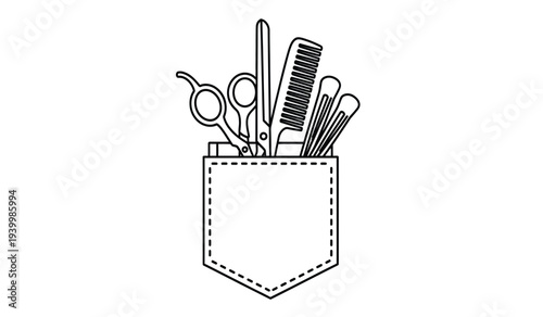 Black and white illustration of hairdressing tools in a pocket
