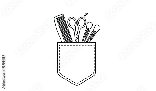 Black and white illustration of hairdressing tools in pocket
