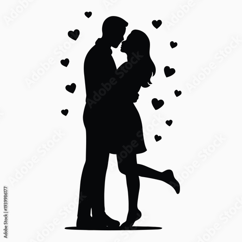 Couple embracing with hearts surrounding them, depicted in a silhouette illustration referenced in 1 (72).eps