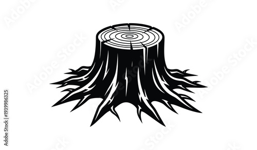 Black and white illustration of a tree stump with visible rings