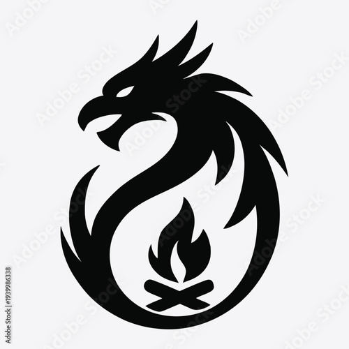 Dragon illustration with campfire symbol in circular design, vector graphic art